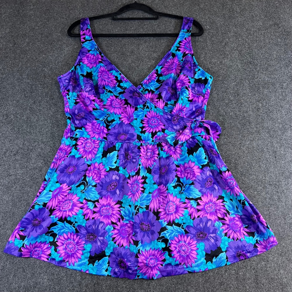 Maxine of Hollywood Vintage Floral Swim Dress Purple Blue One Piece Made in USA